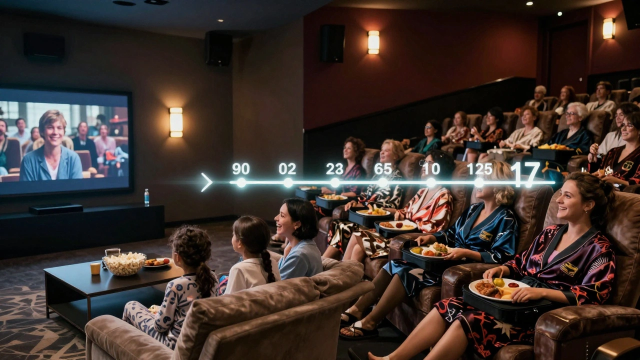 A family streaming a movie at home while others enjoy premium seating at a luxury theater.