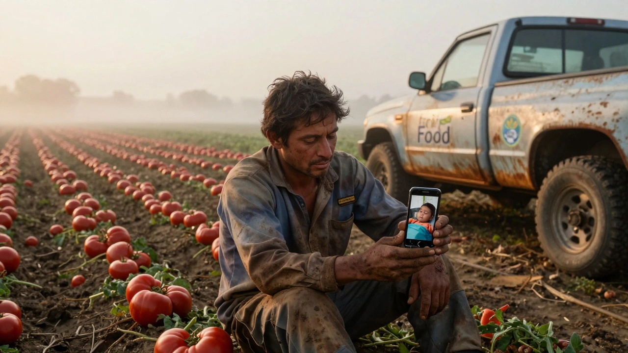 A farmworker in a tomato field at dawn, holding a phone showing a child sleeping in a car.