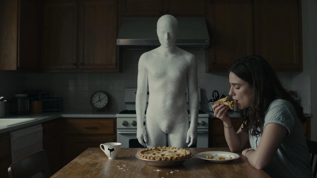 A figure in a white sheet stands silently in a kitchen, watching someone eat pie, the room half in shadow.