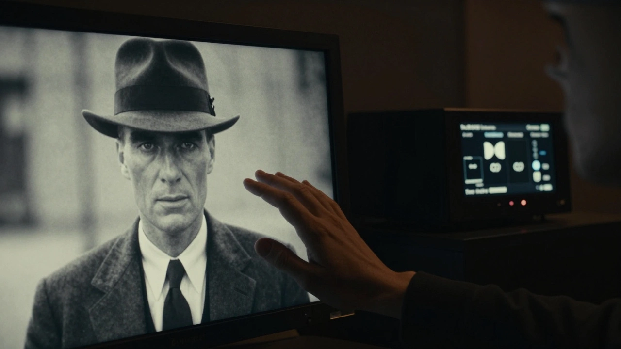 A filmmaker observing Oppenheimer's black-and-white footage with rich shadows, while a Dolby Cinema projector glows in the background.