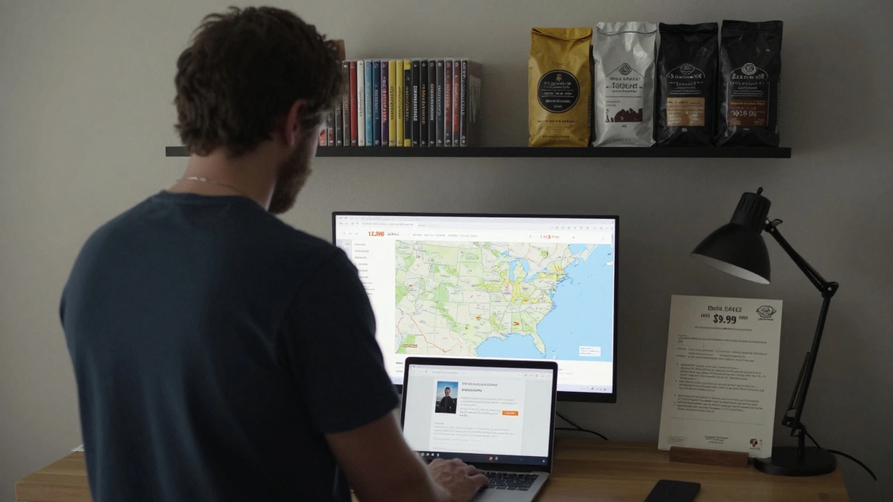 A filmmaker views a dashboard showing 12,000 direct sales of their film, with local products on a shelf behind.