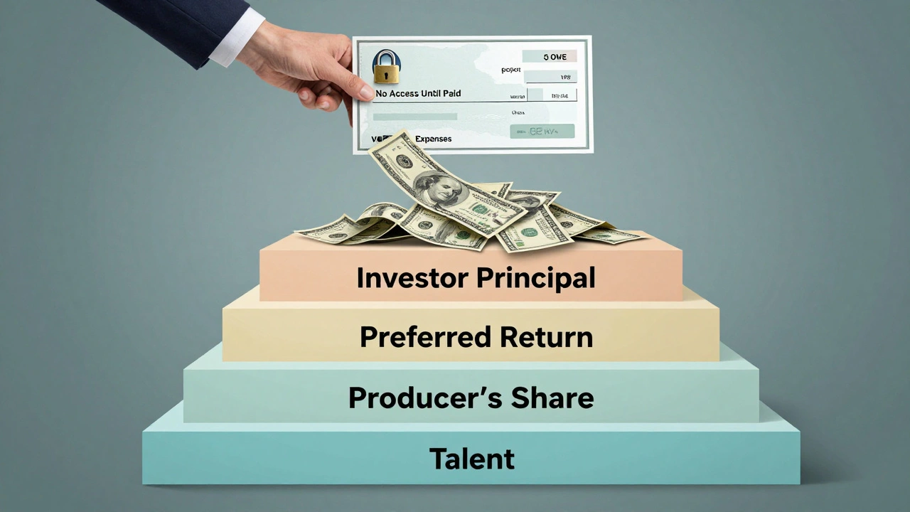 A financial waterfall showing the order of film revenue distribution: expenses, investor principal, preferred return, producer, and talent.