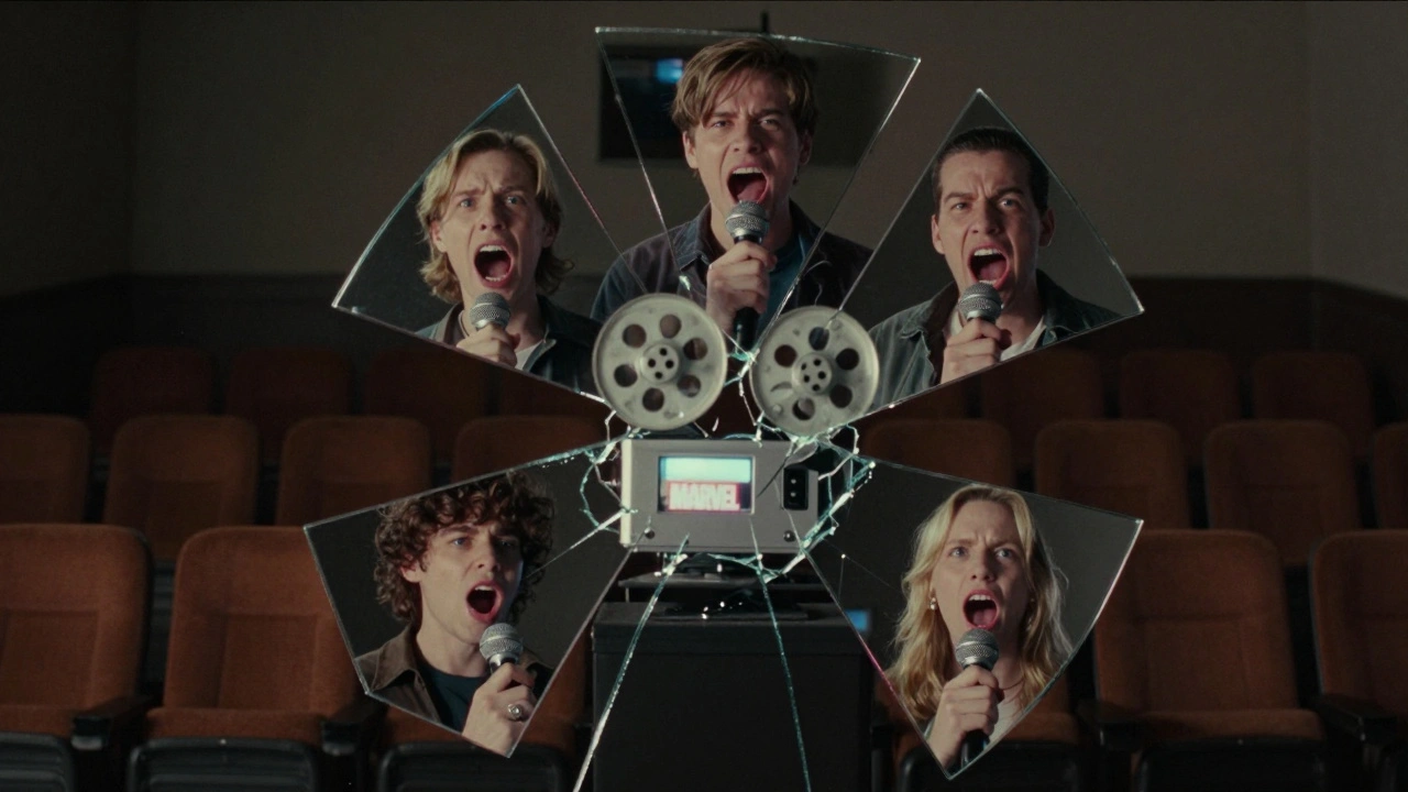 A fractured mirror showing angry fans of different film franchises, with a quiet projector behind them.