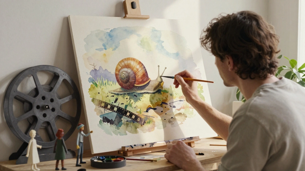 A French artist painting a surreal watercolor scene with cut-out puppets nearby, bathed in soft sunlight in a quiet studio.