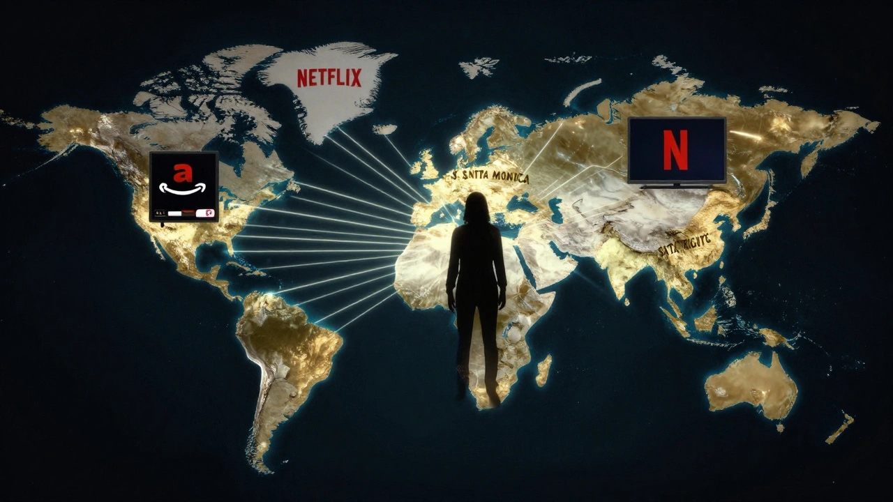 A global map showing film rights deals radiating from the American Film Market to countries worldwide, with media platforms and film elements overlaid.