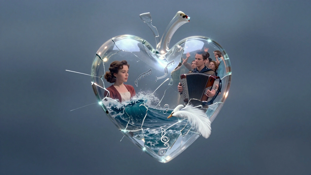 A glowing cracked heart floating mid-air, each shard reflecting iconic film moments with music woven into its fragments.