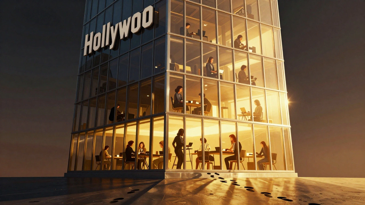 A glowing glass tower symbolizing Hollywood, half lit by women in creative roles.