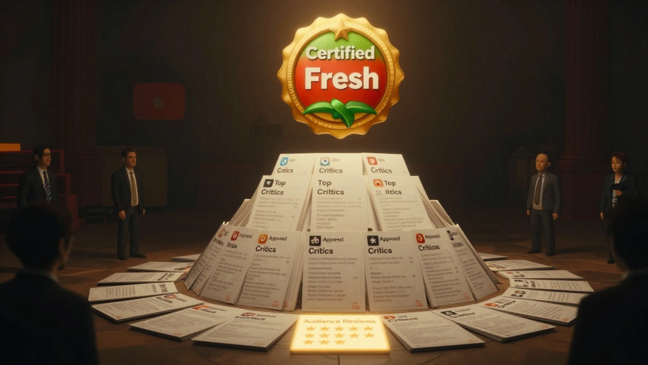 A golden Certified Fresh badge above a pyramid of critic reviews, with audience stars below and excluded reviewers in shadow.