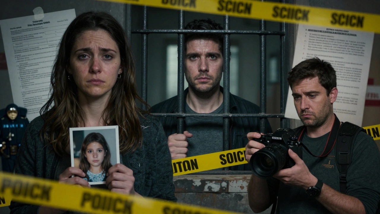 A grieving mother, a wrongfully convicted man, and a filmmaker, overlaid with crime scene evidence and streaming service logos.