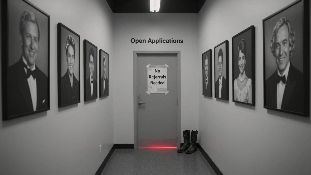 A hallway of powerful film families' portraits ends with a single door labeled 'Open Applications' and worn boots waiting outside.