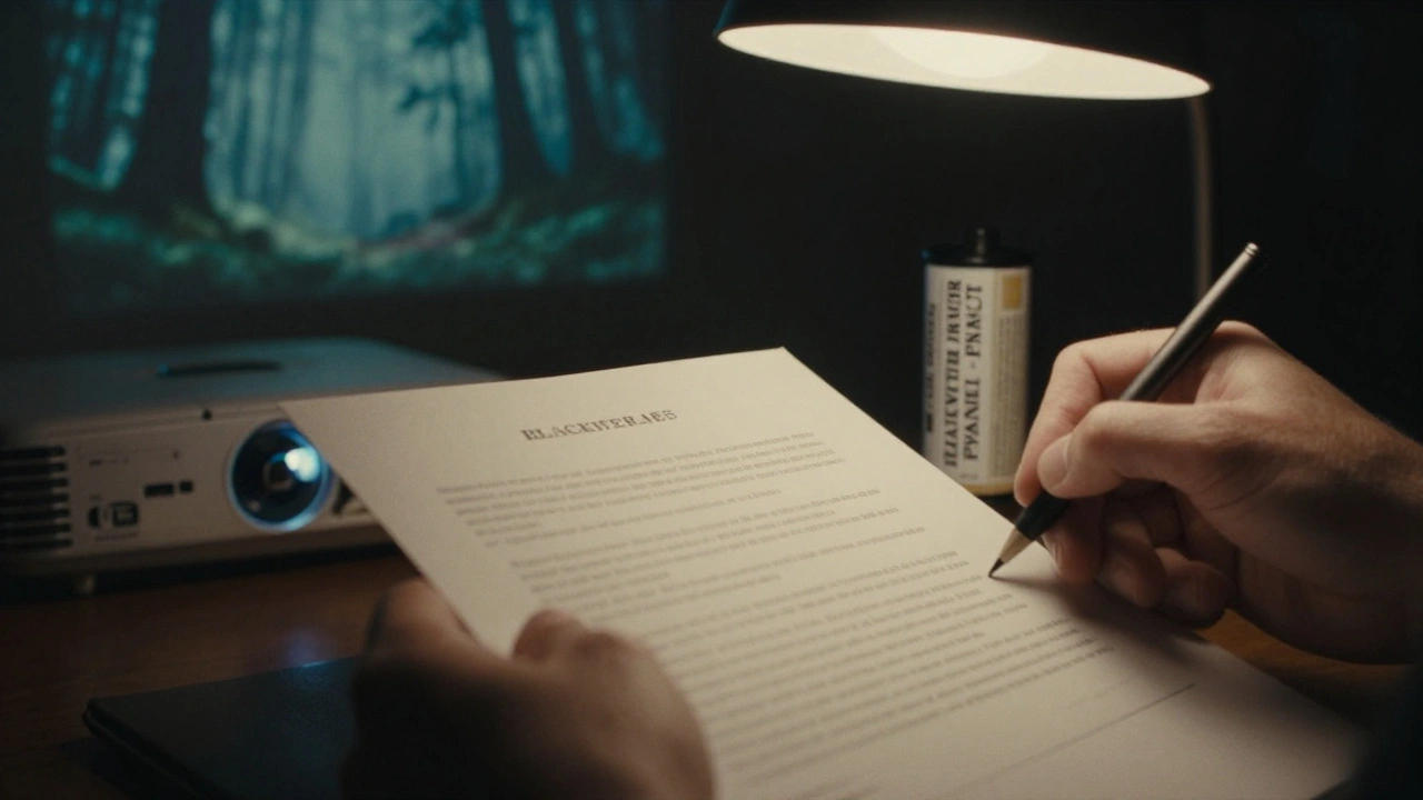 A hand signing a film contract beside a labeled film canister, with a projector casting a scene on the wall.