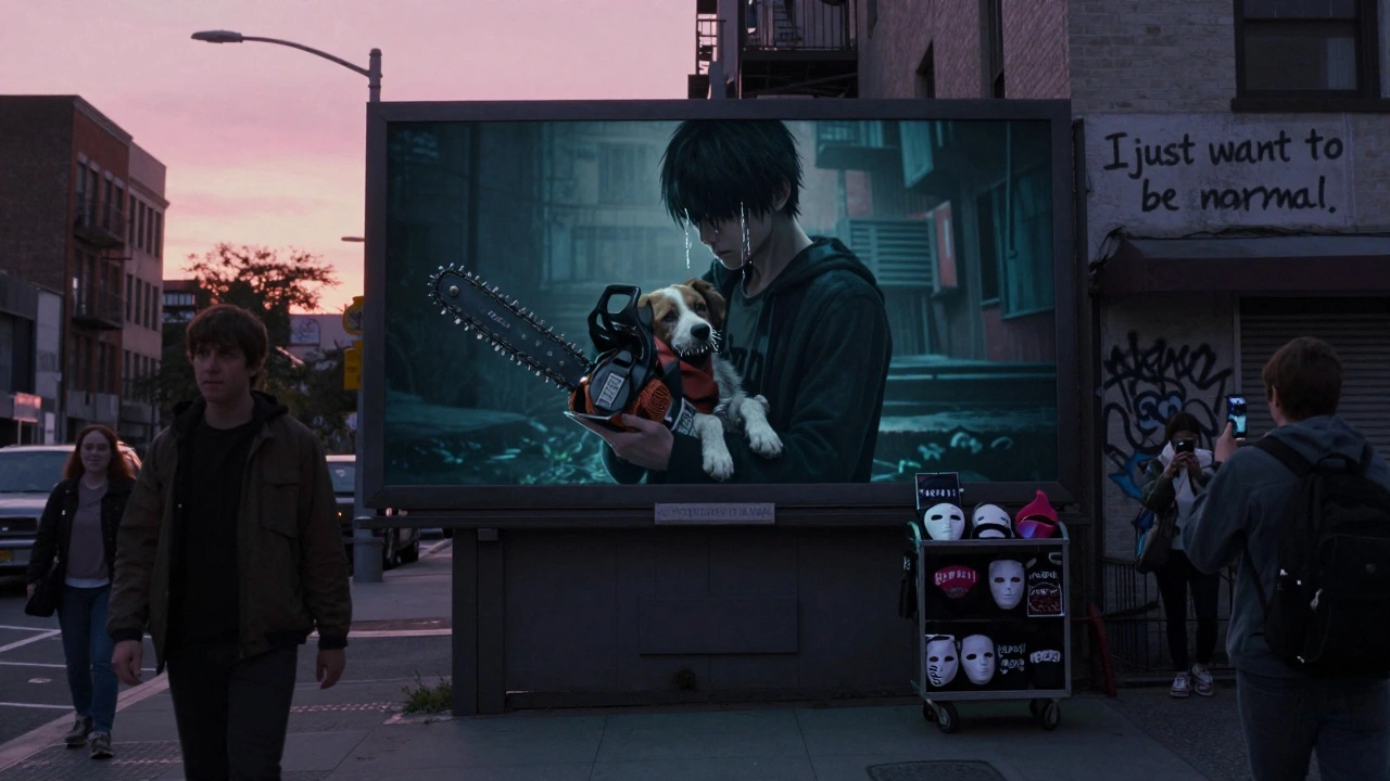 A haunting image of Denji with his dead dog glows on a city billboard at dawn, with fans buying merch nearby.