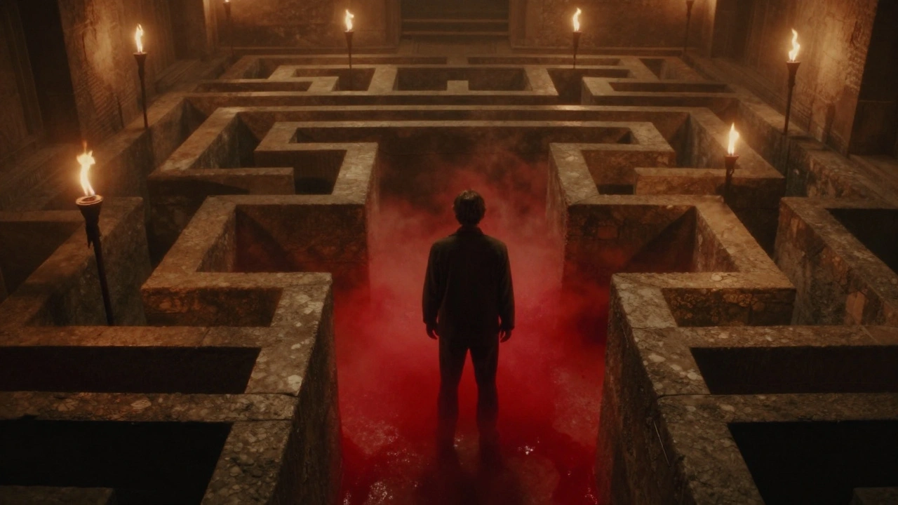 A haunting maze with blood-red mist swirling around a lone figure in dim torchlight.