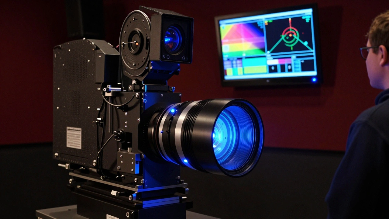 A high-tech cinema projector with sensors and monitors displaying real-time frame and audio analysis.