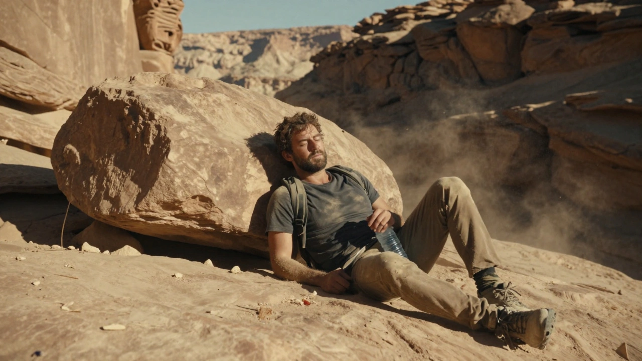 A hiker trapped under a boulder in a desert canyon, gripping a knife with quiet resolve.