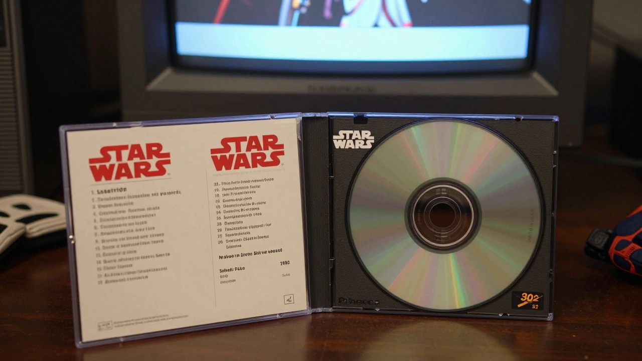 A LaserDisc with its original booklet open, reflecting soft light beside a CRT TV displaying a film still.