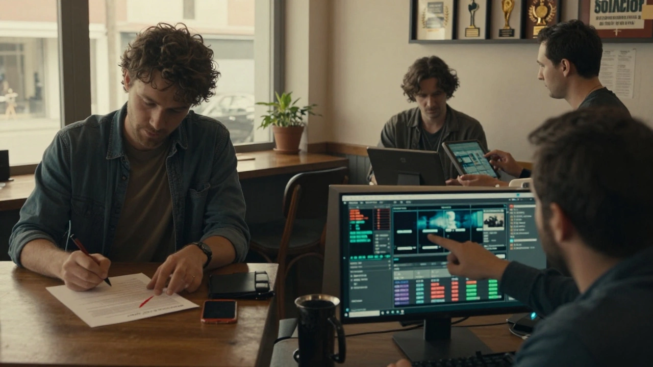 A lead actor, director, and producer in quiet moments of collaboration, surrounded by indicators of indie film success.