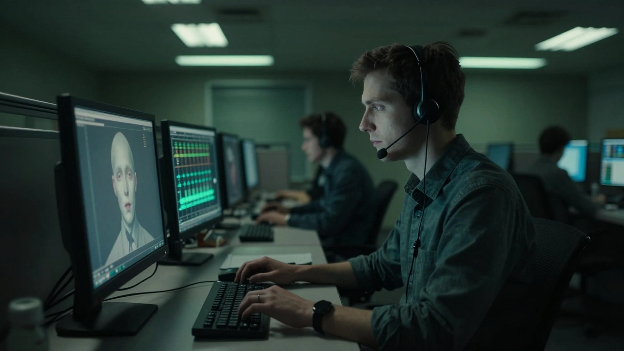 A man in a call center watches his face transform into a neutral 'white voice' avatar on his computer screen.