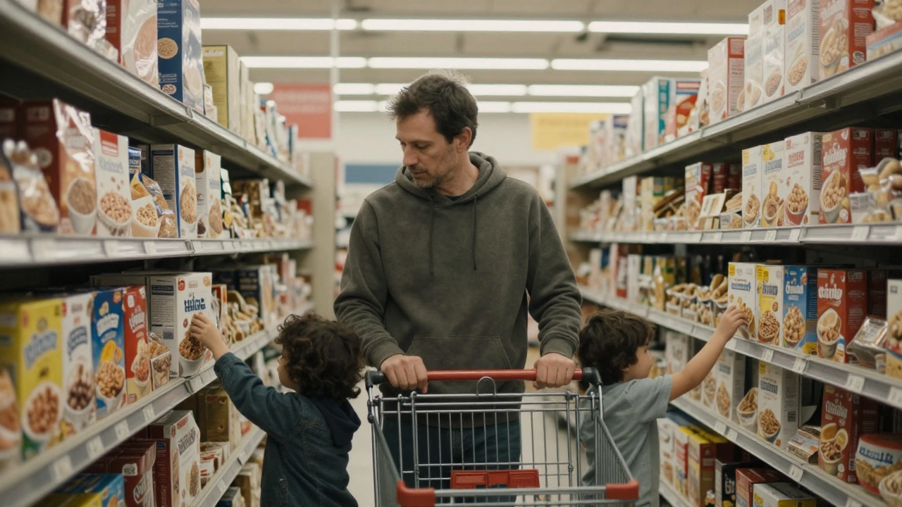 A man stares at cereal boxes in a grocery store as his child reaches beside him, dawn light filtering through windows.