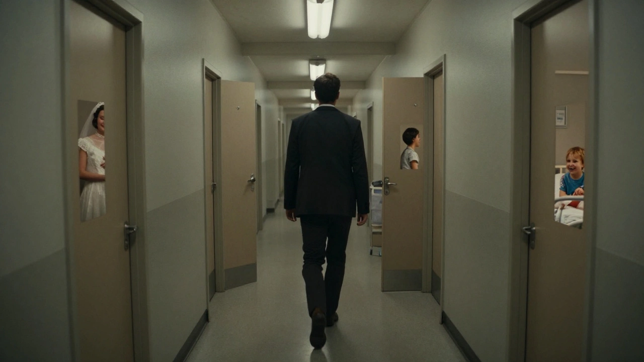 A man walking backward through a hallway, doors opening to reveal fragments of his past life.
