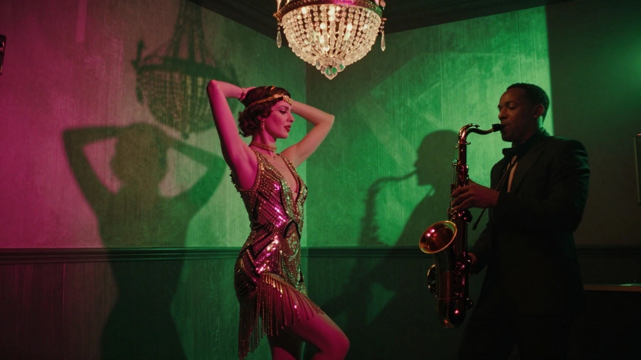 A neon-lit 1920s jazz club with a shimmering flapper dancing under dramatic, surreal lighting.