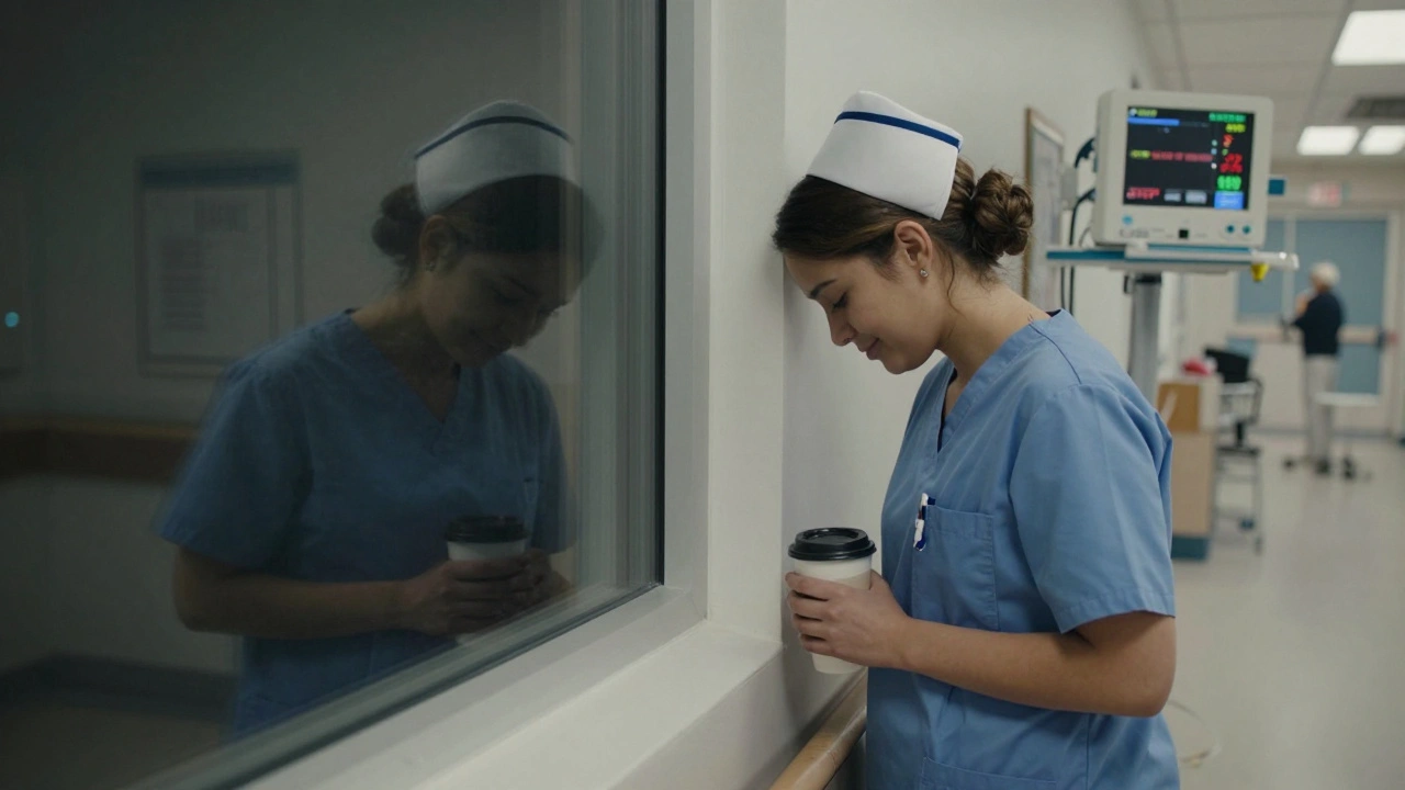 A nurse leans against a hospital wall at night, her reflection showing a younger version of herself, system alerts glowing faintly behind her.