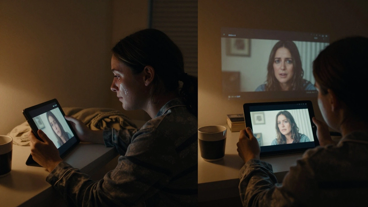 A person watching a film at night, paused mid-scene, then rewinding to replay an emotional moment.