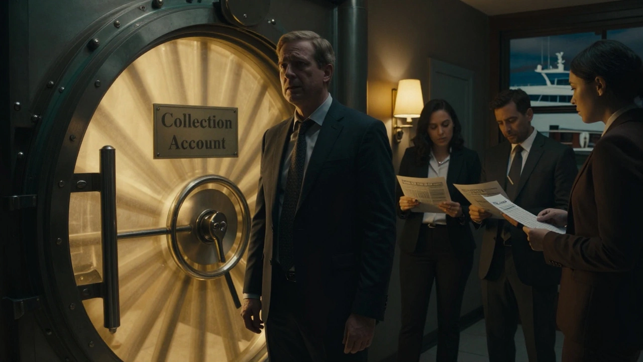 A producer outside a bank vault as investors review audit reports, with shadows of lost funds behind them.