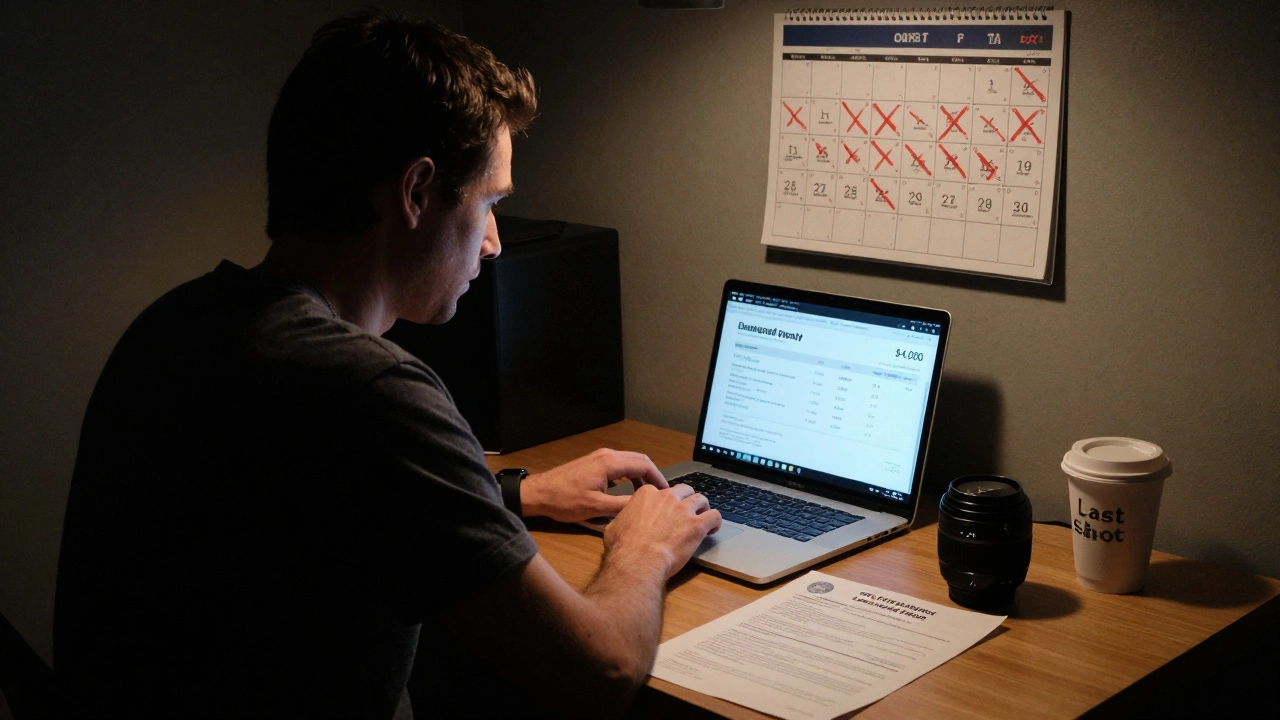 A producer staring at a damage invoice under dim light, surrounded by symbols of a canceled shoot.