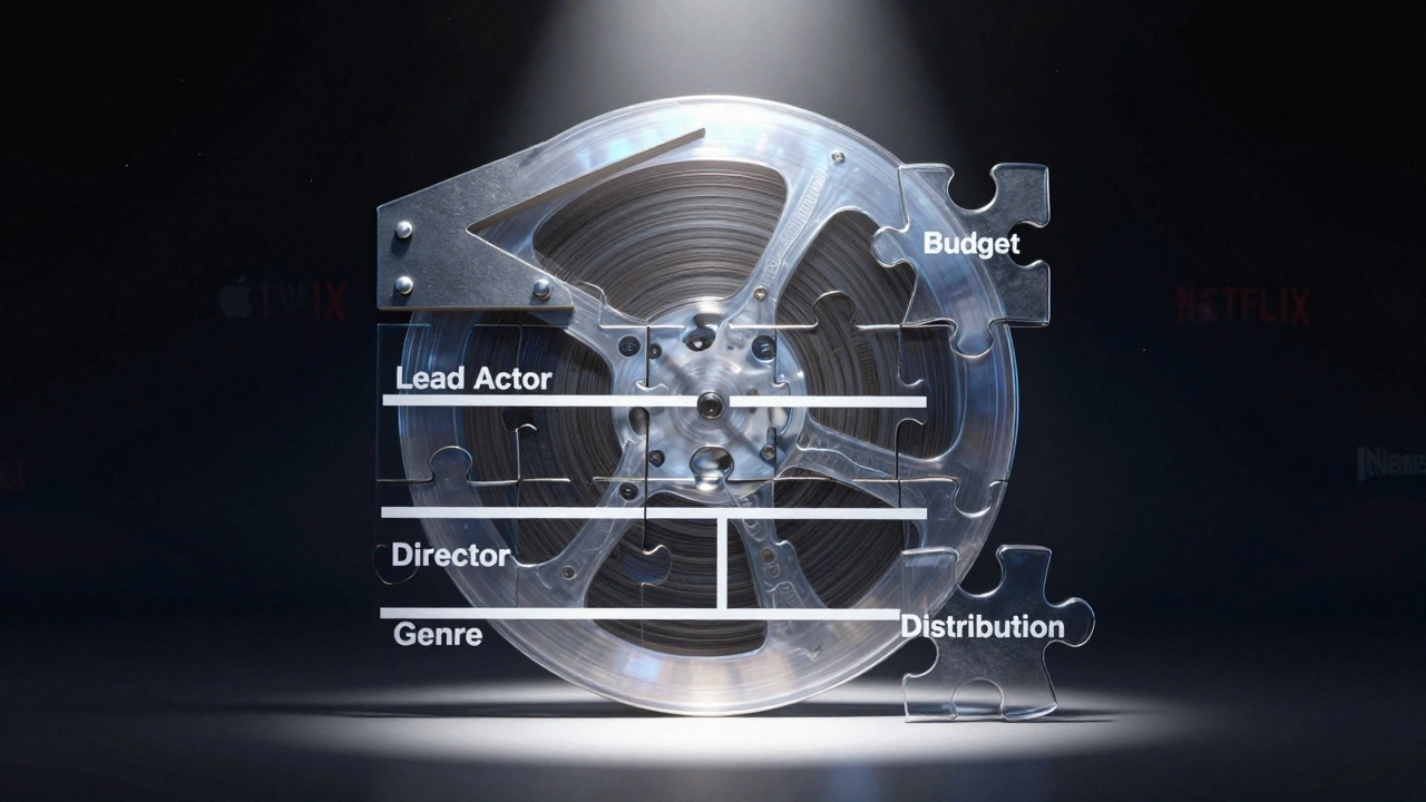 A puzzle of key film elements locking together to form a movie reel under a spotlight, symbolizing fundable packaging.