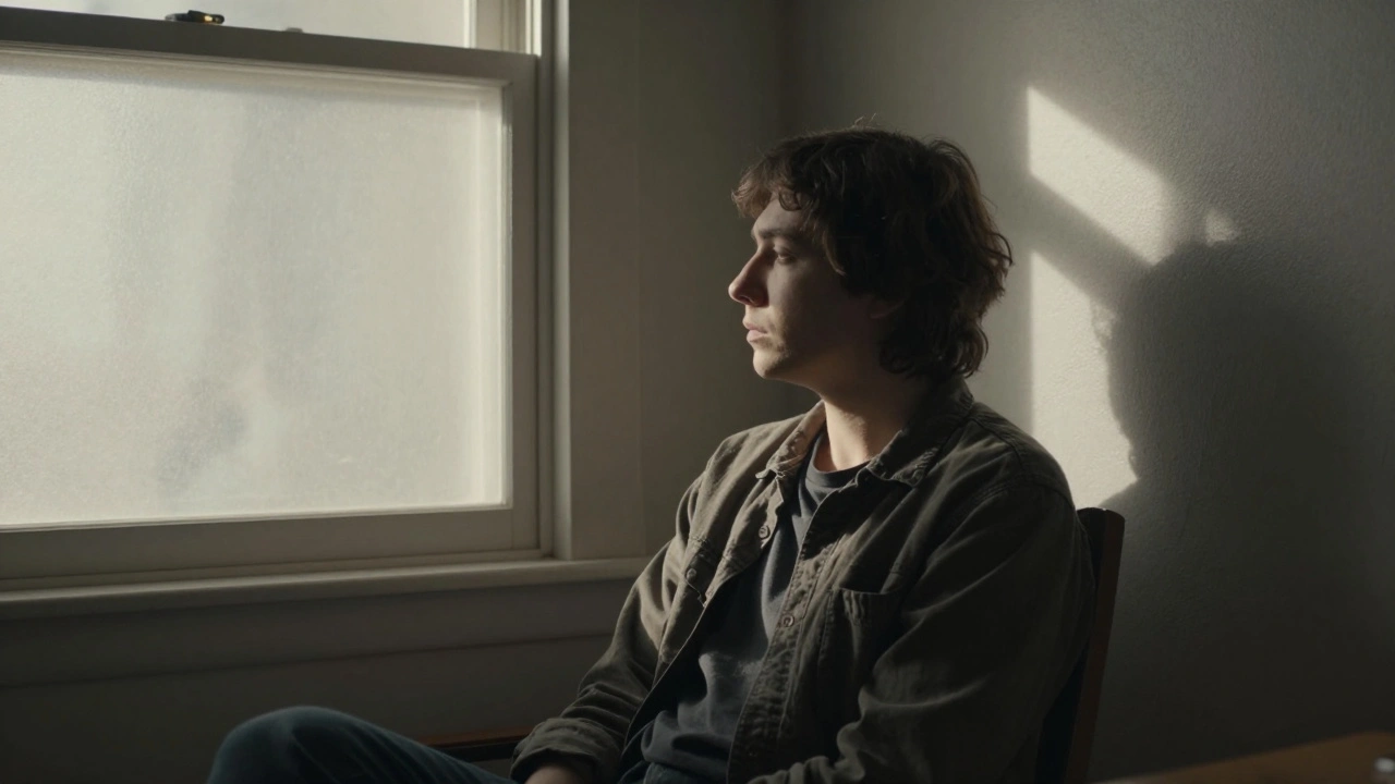 A quiet interior scene lit only by sunlight through a window, with gentle shadows and a reflector.
