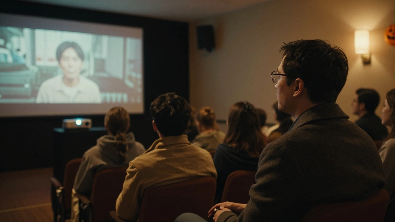 A quiet October screening of 'Parasite' in a small theater, one viewer absorbed in the film under soft projector light.