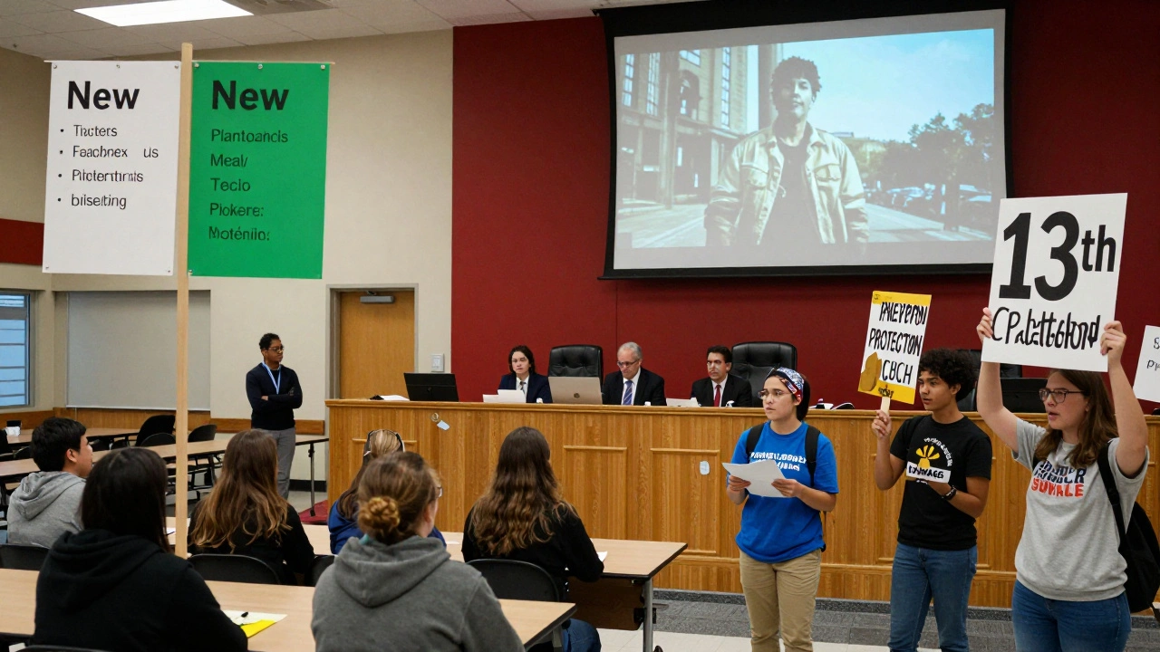 A school cafeteria with plant-based meals, a legislature introducing a bill, and activists protesting with a documentary screen.