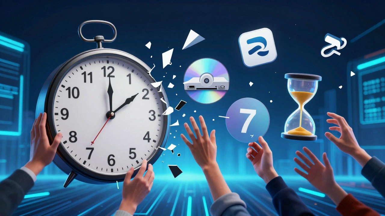 A shattered 90-day clock transforming into streaming and release window icons in a digital landscape.