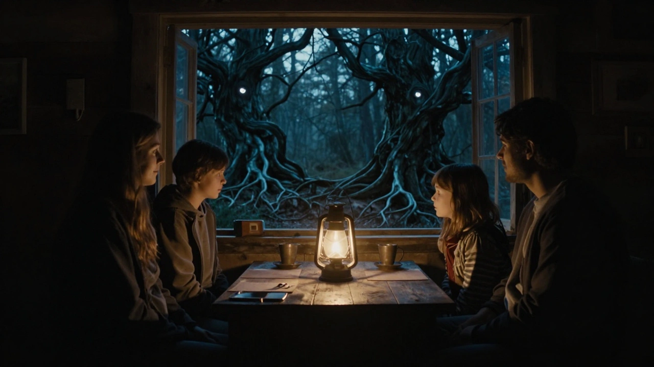 A silent family in a cabin as twisted trees with glowing eyes creep toward the windows from a dark forest.