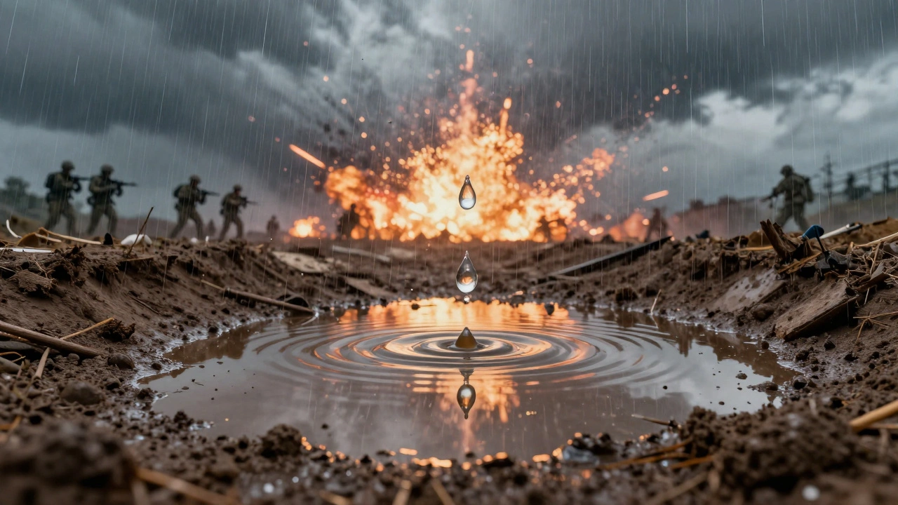 A single raindrop hits a real puddle, reflecting both practical mud and digital flares in a war-torn trench.