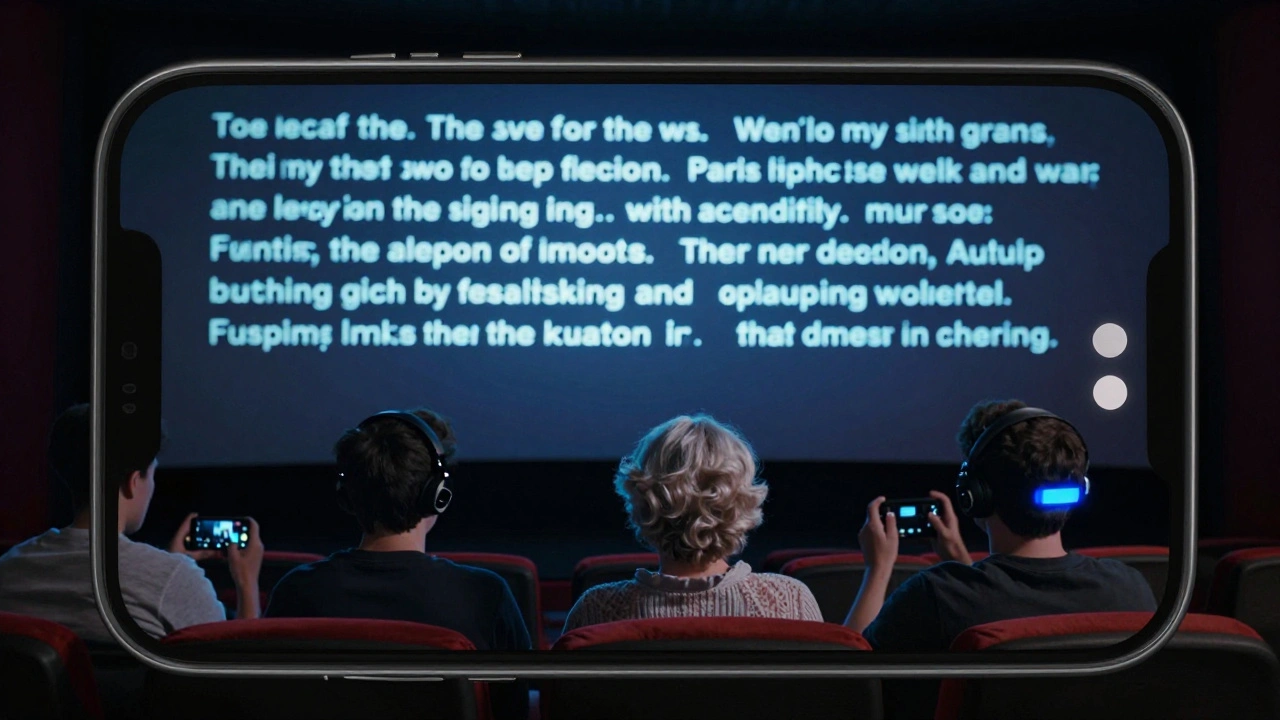 A smartphone overlays real-time captions on a cinema screen, used by diverse viewers enjoying a film with personalized accessibility.