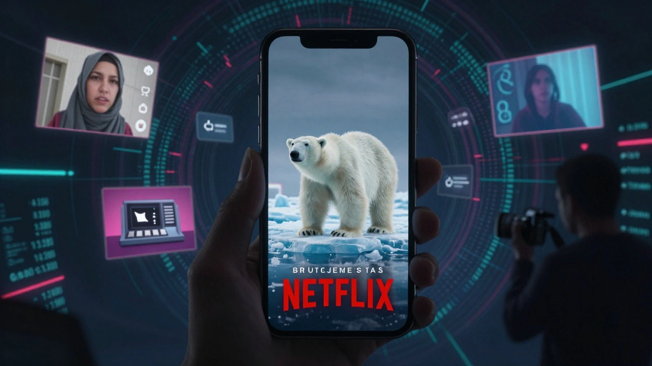 A smartphone screen displaying a viral documentary thumbnail, surrounded by floating digital fragments of social media and AI visuals.