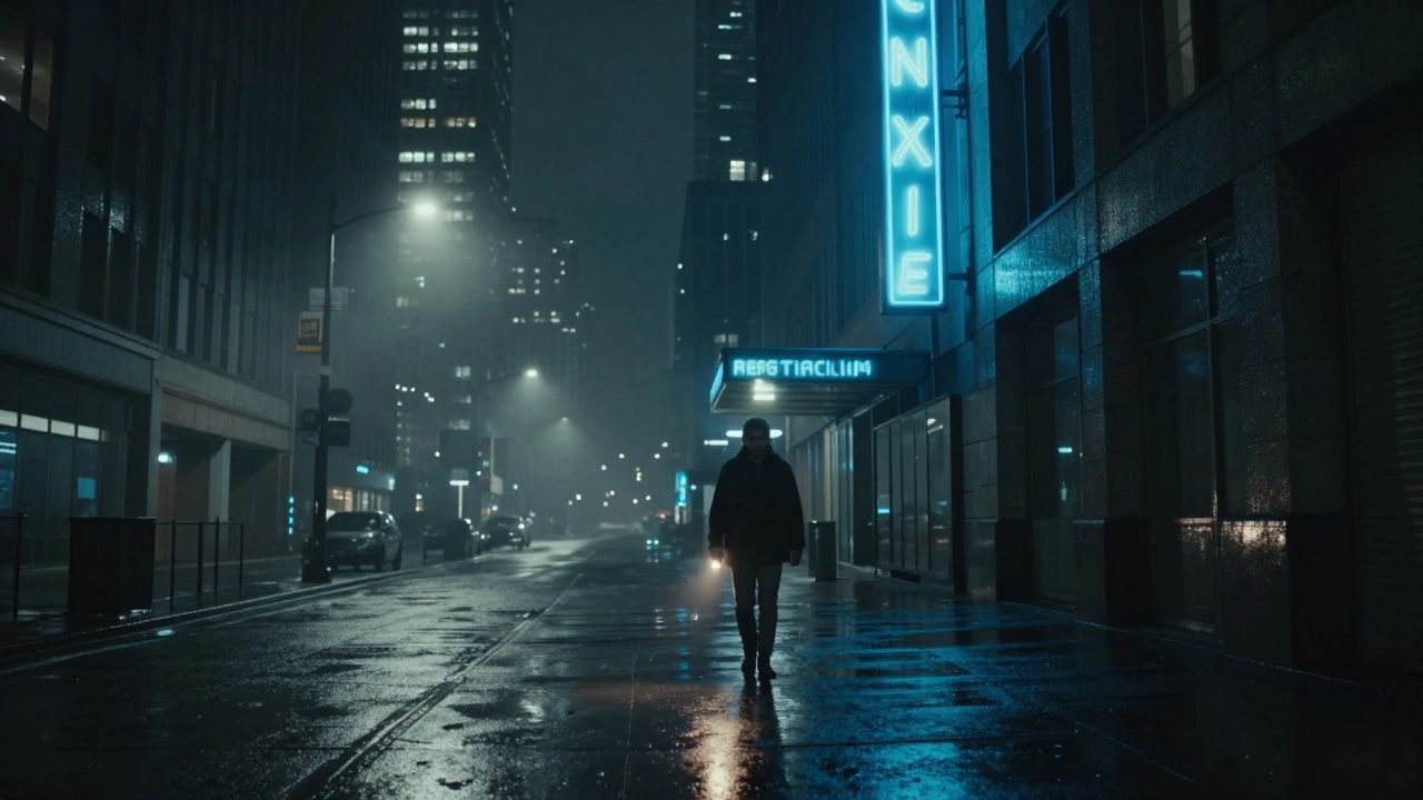 A solitary figure walks a cold, teal-lit city street, illuminated by a faint warm flashlight glow.