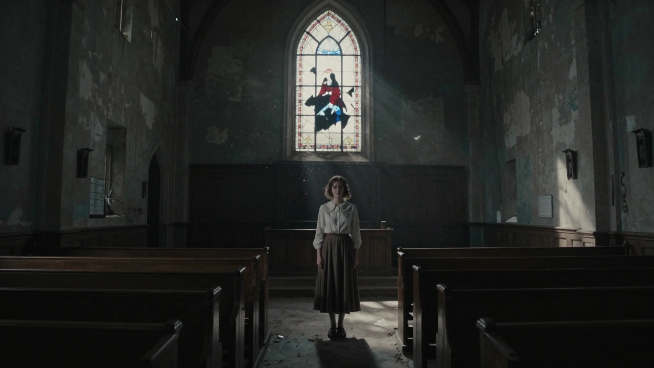 A solitary woman stands in silence inside a decaying church, moonlight cutting through broken stained glass, no sound or movement in this haunting final moment from The Promised Land.