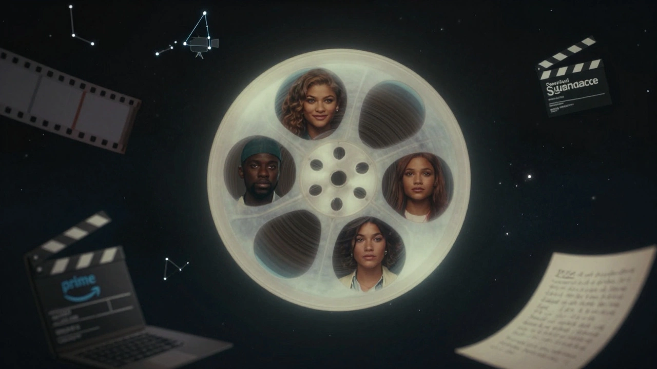 A spinning film reel with actor portraits emerging, surrounded by festival and production symbols.