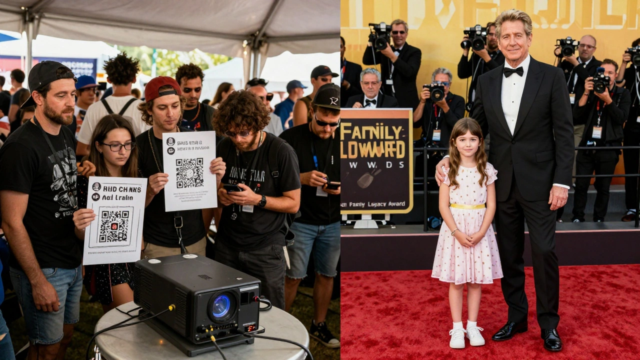 A split scene: indie filmmakers at a grassroots festival versus a glamorous Hollywood premiere for a celebrity's child.