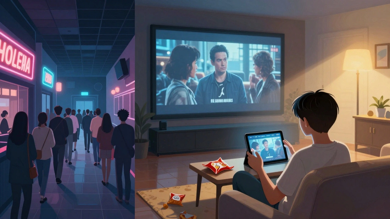 A split scene showing a crowded movie theater lobby versus someone watching the same film on a tablet at home.