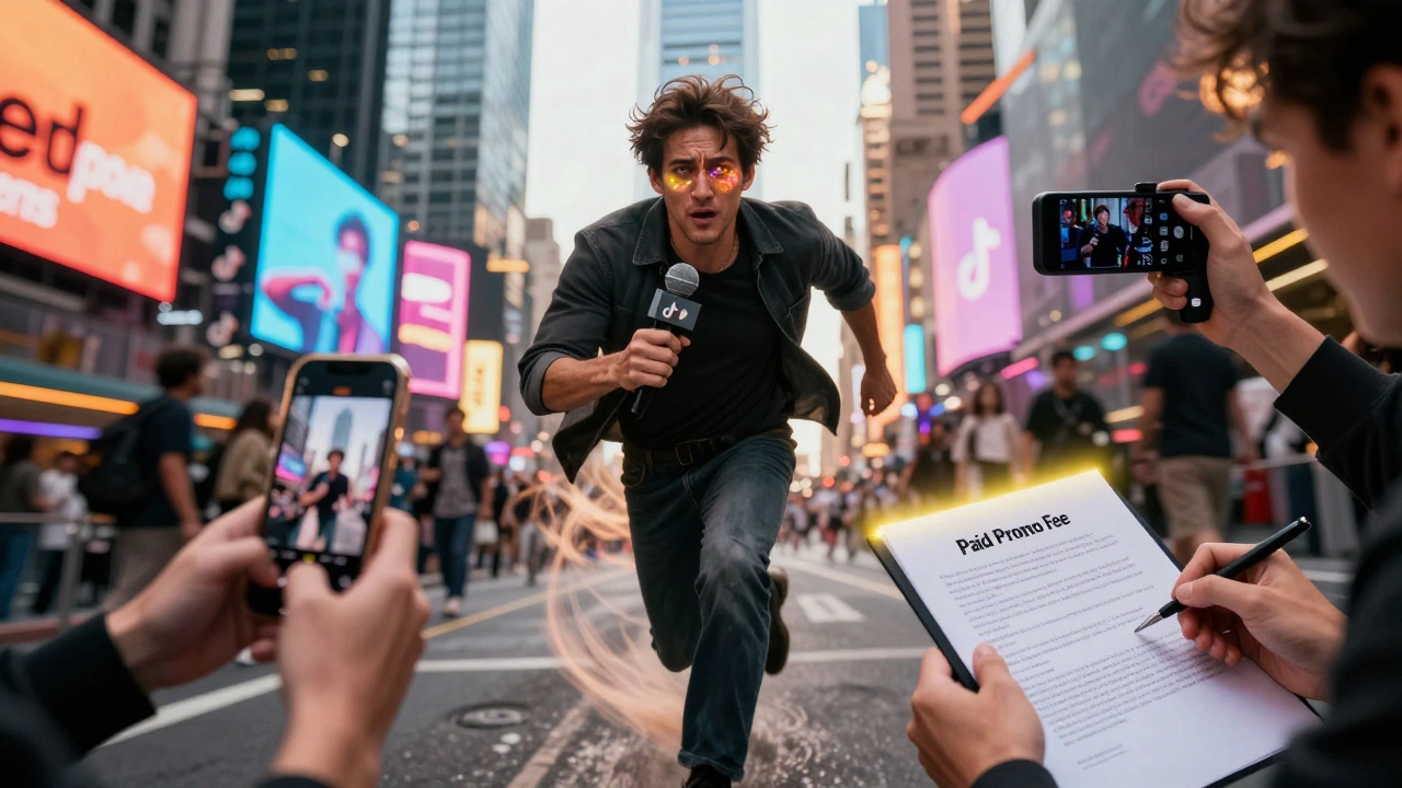 A star is overwhelmed by promotional obligations, juggling interviews, social media, and contract signings.