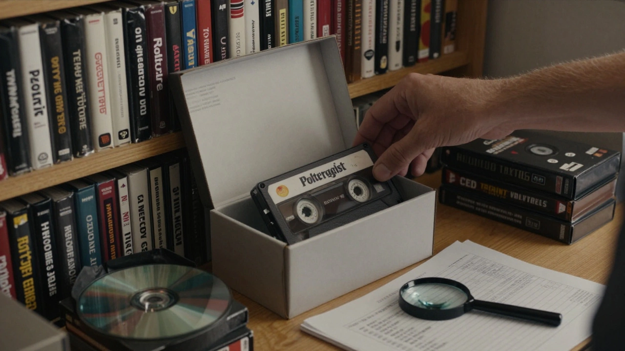 A storage room with organized VHS tapes and LaserDiscs, a hand placing a rare tape into an archival box.