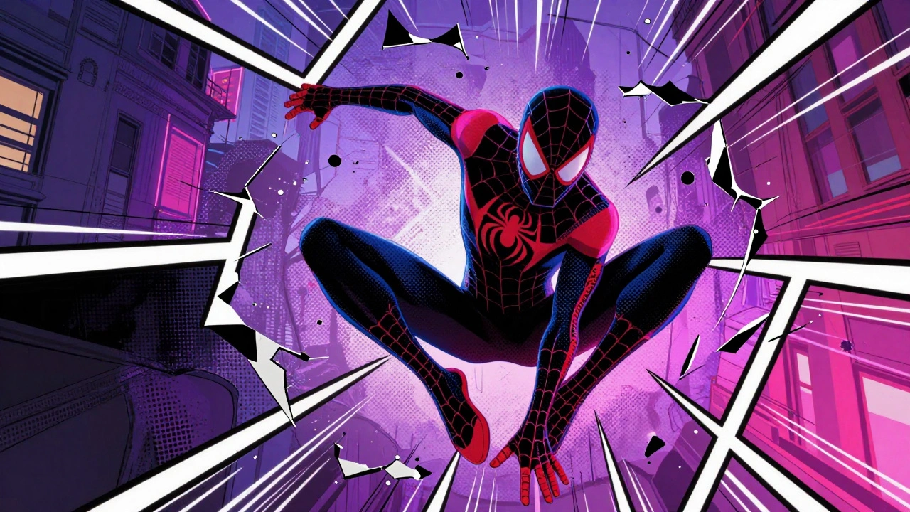 A superhero mid-transformation with comic book panel fractures, halftone dots, and dynamic motion lines.