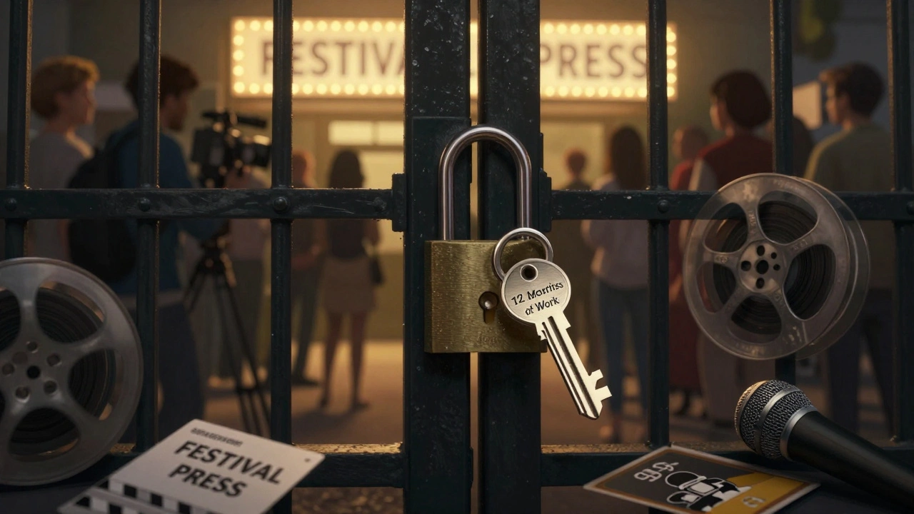 A symbolic gate to press accreditation with keys representing media credentials, illuminated by a glowing film marquee.