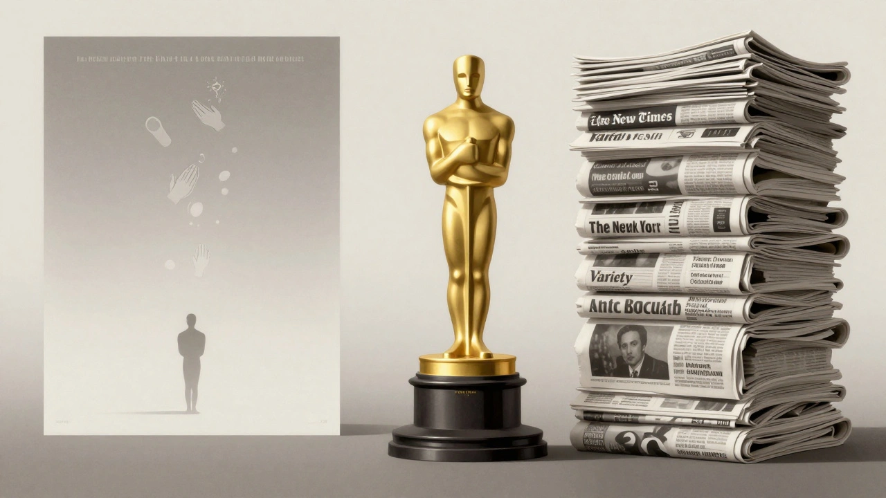 A symbolic scale balancing an indie film poster against major critic reviews, with an Oscar statuette at the center.