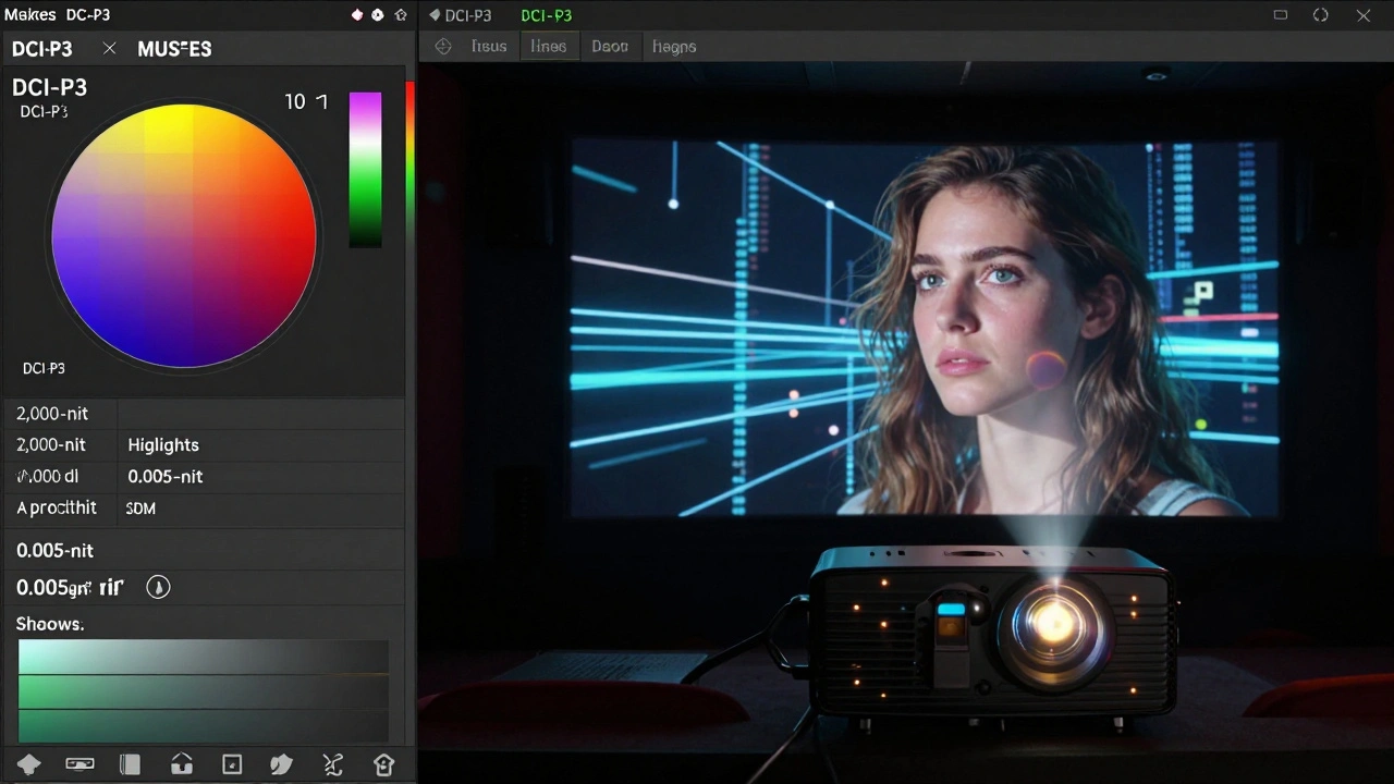 A technical split-screen showing film metadata on one side and a projector adapting it with intelligent tone mapping on the other.