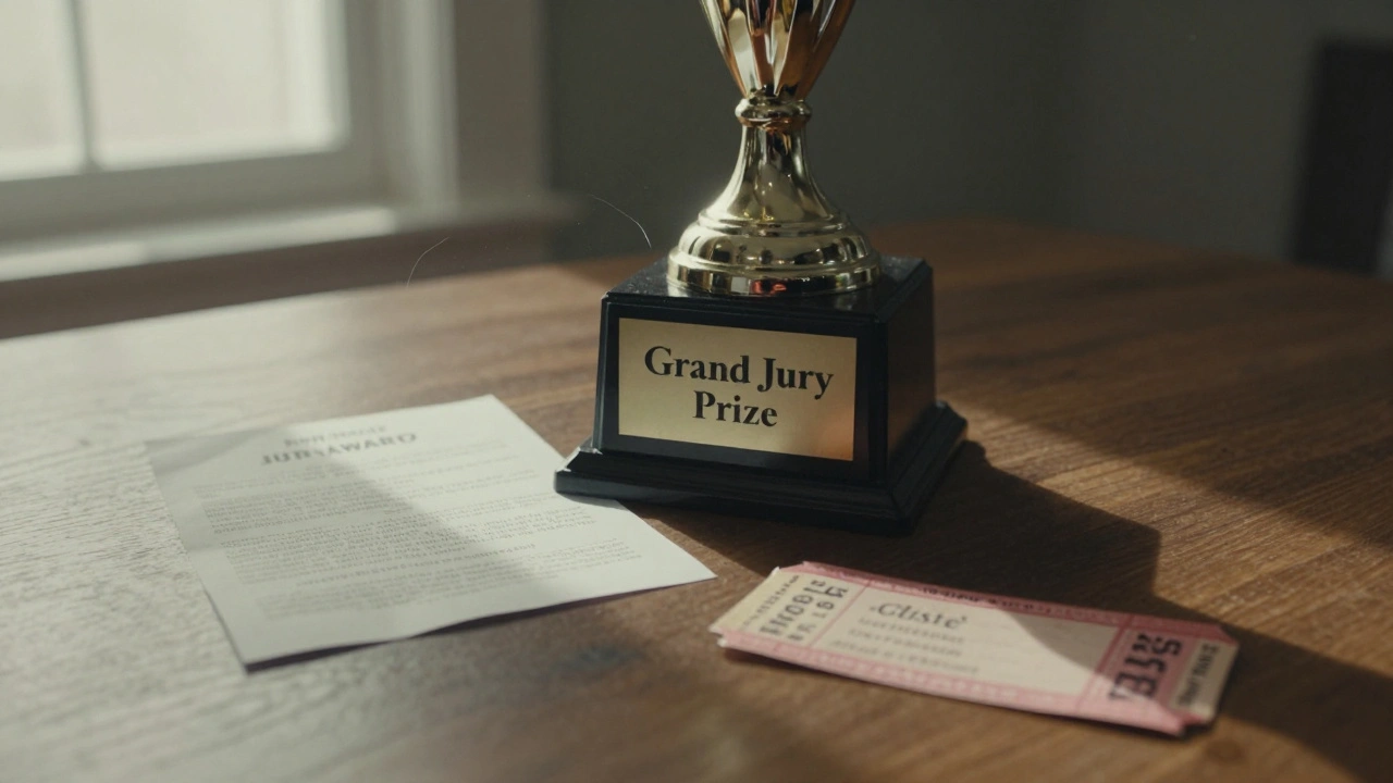 A trophy half-covered by jury plaque and audience voting slip, symbolizing different forms of recognition.